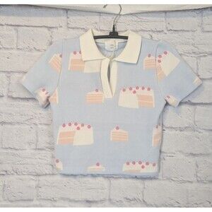 Luna Ivy baby blue cake slice crop light sweater shirt with collar size small
